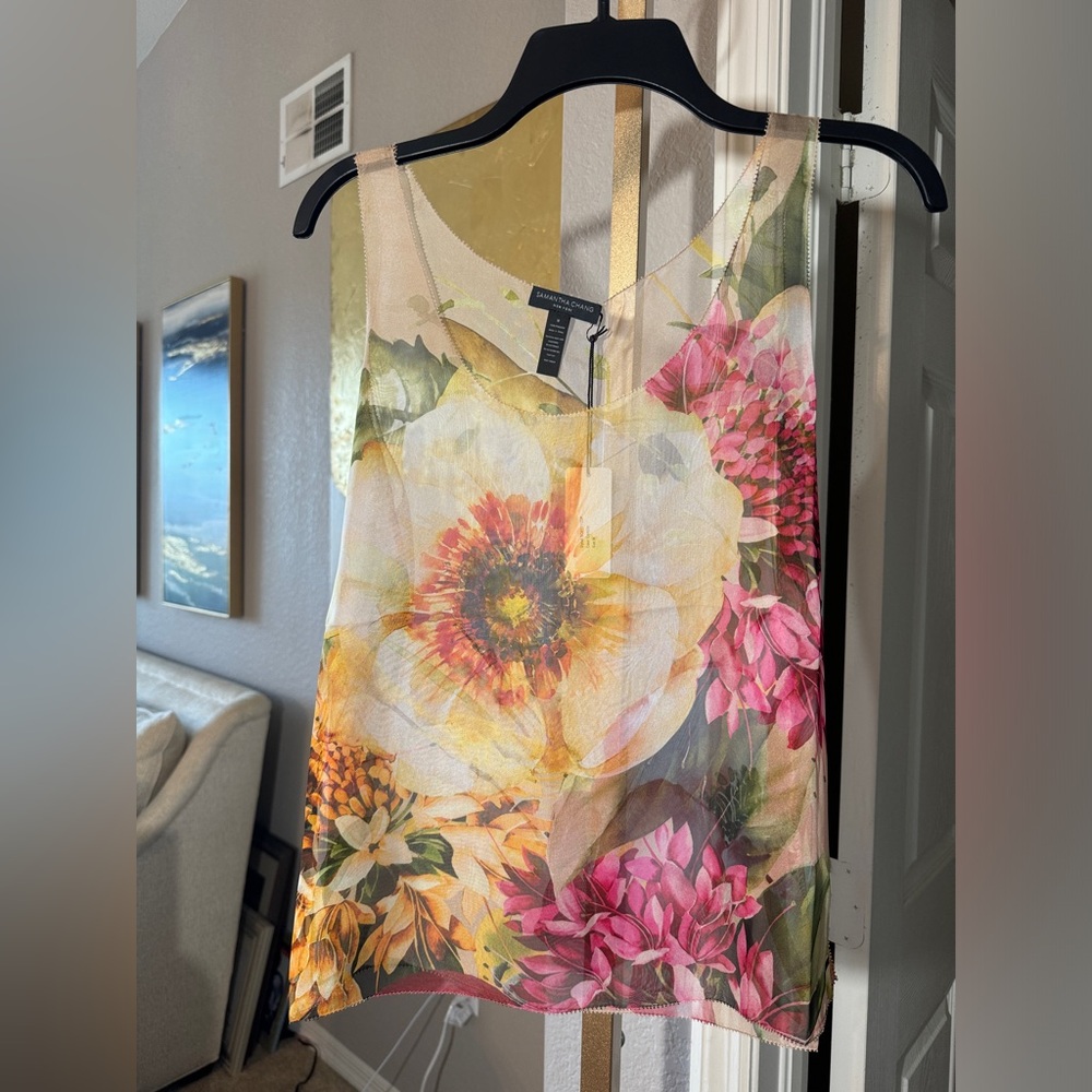 Samantha Chang Lifestyle Sheer Short Printed tank multicolor pastel floral sz M